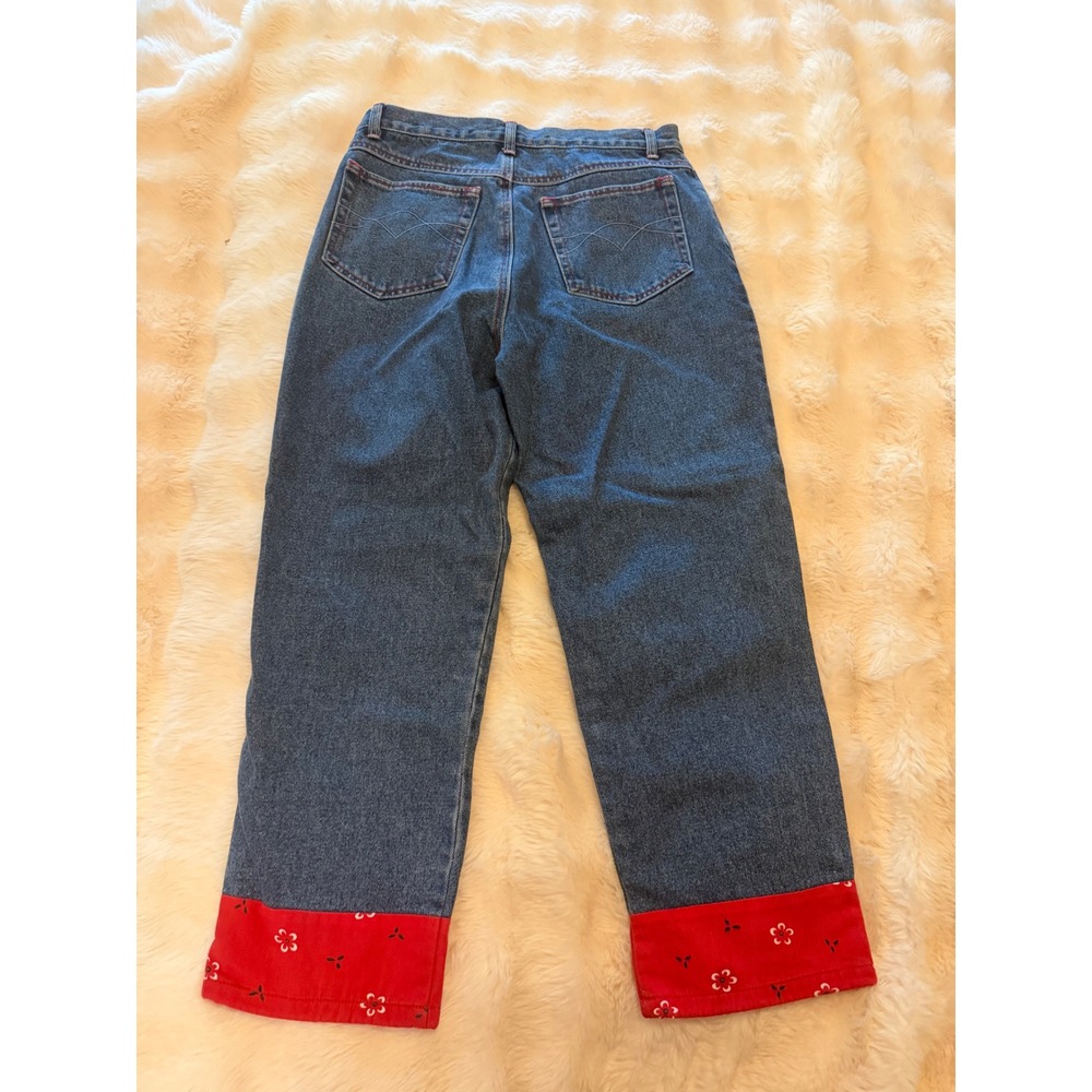 Baccini Vintage High Waisted Bandana Cuff Jeans Red Floral Contrast Stitch 6 - Picture 7 of 7
